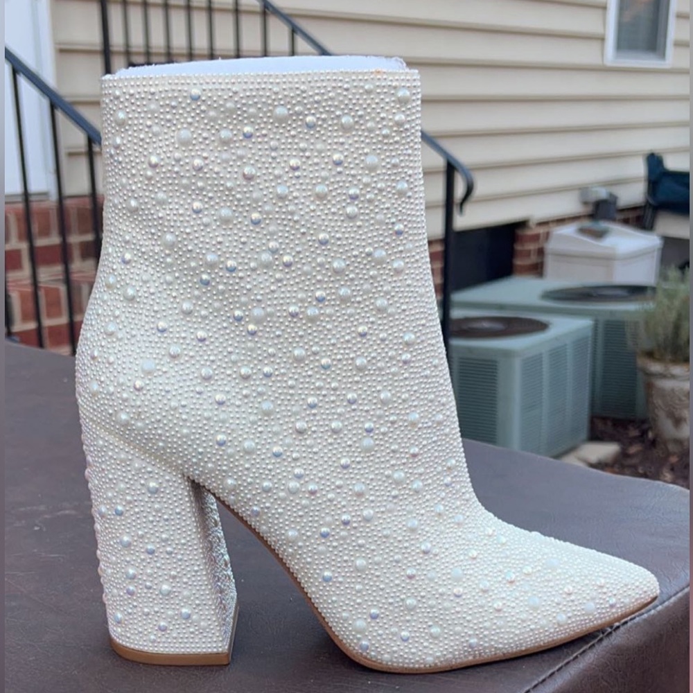 Steve Madden white boots with pearl accents
